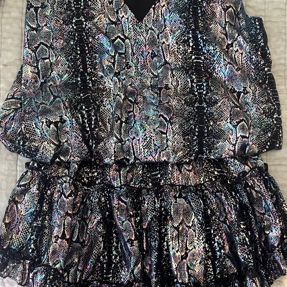 Adrienne Black Iridescent Snake Print Ruffle Top